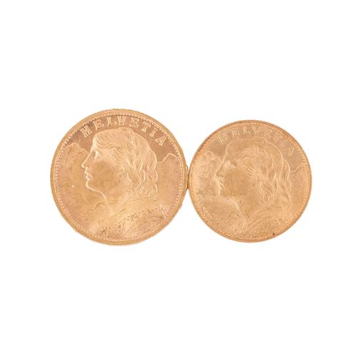 Null Lot de 2 pièces suisses - 1 x Suisse - 20 francs 1927/B, Vreneli, ss-vz, 5,&hellip;