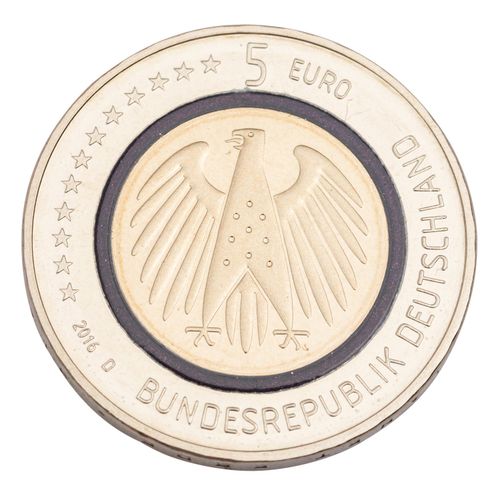 Null BRD - 5 x 5欧元硬币2016/A/D/F/G/J，蓝色星球，带聚合物环，PP变体，装在有使用痕迹的有机玻璃盒中。