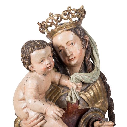 Null BILDSCHNITZER阿尔卑斯山地区/Allgäu，"圣母与孩子"，石灰木色，四分之三雕刻的带皇冠的圣母和权杖，右臂抱着基督的孩子，背部镂空，安装&hellip;