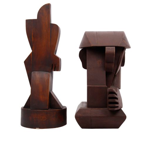 Null ATELIER BOULOGNE 20th c., 2 cubist figures, wood, stained, fully plastic re&hellip;