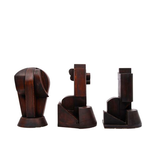 Null ATELIER BOULOGNE 20th c., 3 cubist figures, wood, stained, full plastic rep&hellip;
