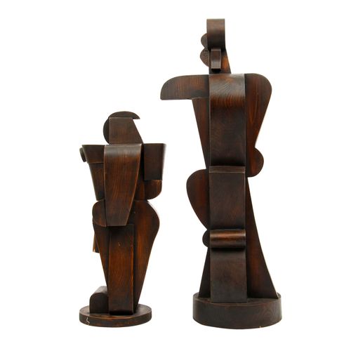 Null ATELIER BOULOGNE 20th c., 2 cubist figures, wood, stained, full plastic rep&hellip;