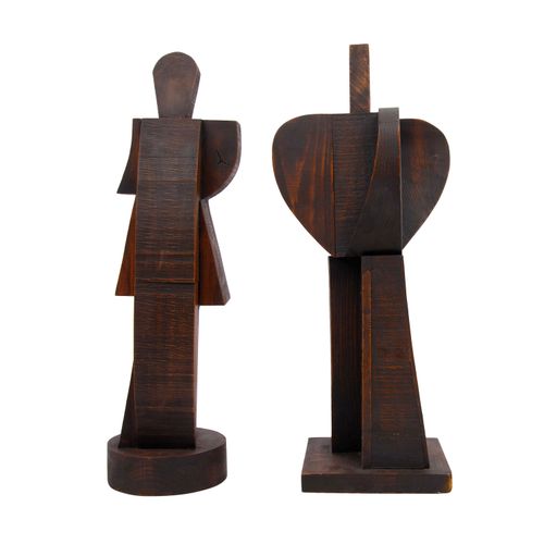 Null ATELIER BOULOGNE Siglo XX, 2 figuras cubistas, madera, teñida, representaci&hellip;
