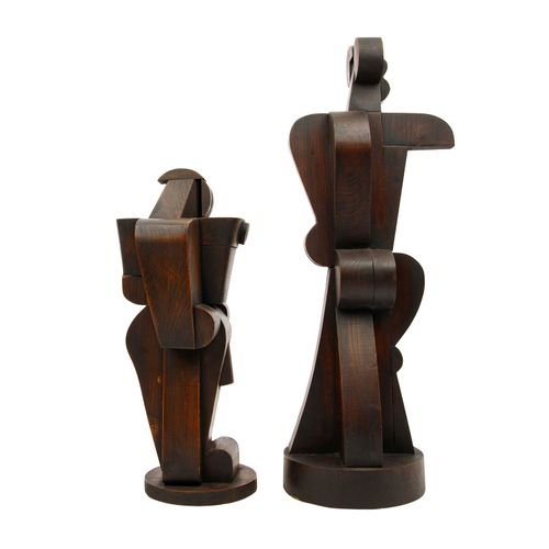 Null ATELIER BOULOGNE 20e s., 2 figures cubistes, bois teinté, représentation en&hellip;