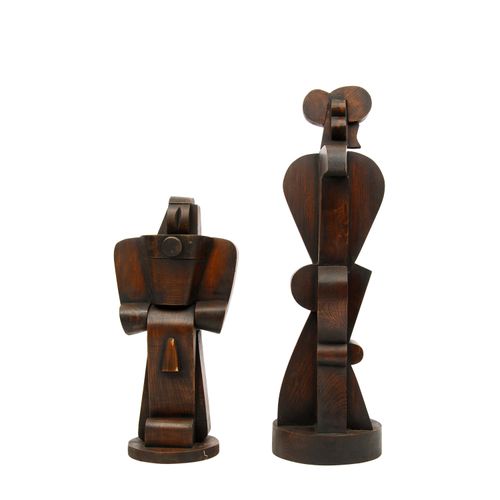 Null ATELIER BOULOGNE 20th c., 2 cubist figures, wood, stained, full plastic rep&hellip;