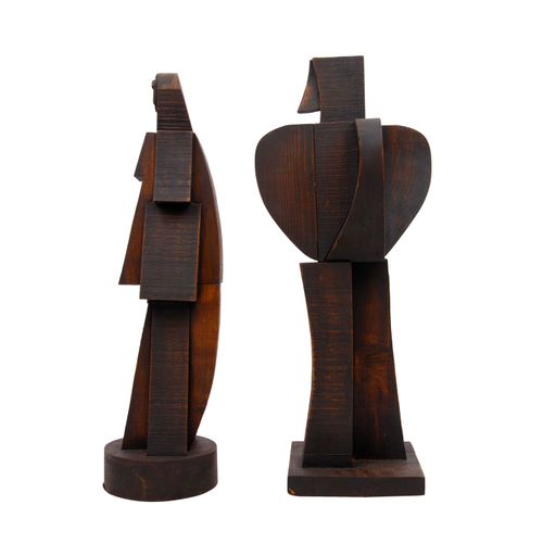 Null ATELIER BOULOGNE 20th c., 2 cubist figures, wood, stained, fully plastic re&hellip;