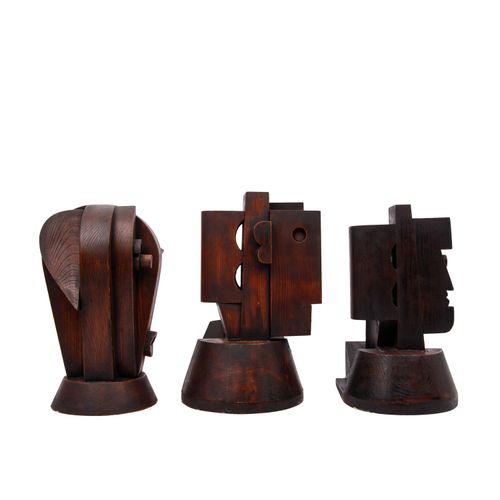 Null ATELIER BOULOGNE XX secolo, 3 figure cubiste, legno, mordenzato, raffiguraz&hellip;