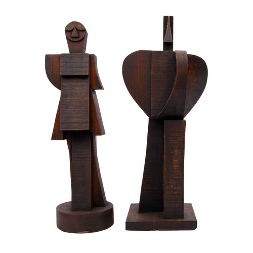 Null ATELIER BOULOGNE 20e siècle, 2 figures cubistes, bois teinté, représentatio&hellip;