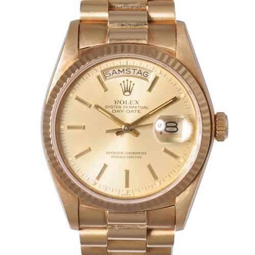 Null ROLEX Vintage Single-quick Day-Date wristwatch, ref. 18038. Ca. 1978. Yello&hellip;
