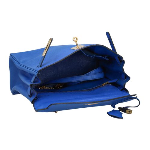 Null 爱马仕古董手提包 "KELLY BAG 28"。1990年出品，蓝色Epsom皮革，金色五金件。经典款，单手柄，翻盖封口，肩带。附有手提箱、锁、钥匙和&hellip;
