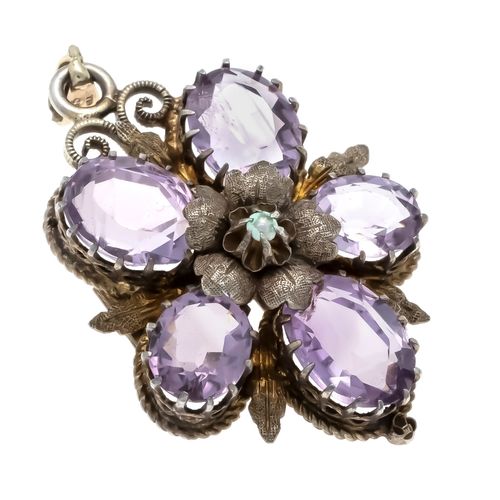 Null 古董紫水晶吊坠/胸针 镀银750/000，带孔眼GG 333/000，有5颗10.3-7.5毫米的椭圆形切面紫水晶，长42毫米，重7.4克。