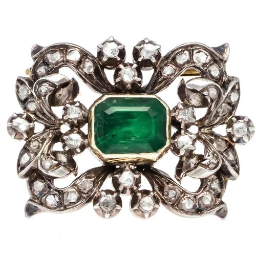 Null Emerald diamond rose brooch GG 750/000 and silver unstamped, tested, with a&hellip;