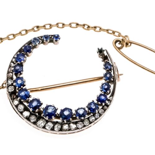 Null Crescent moon brooch RG/WG 585/000 with round faceted sapphires 3,3 - 1,5 m&hellip;