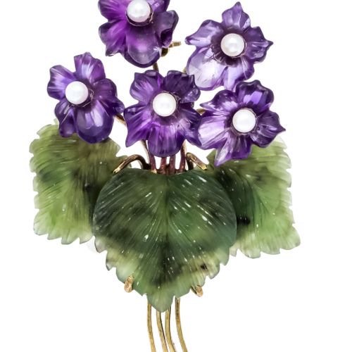 Null Flower brooch GG 585/000 with 5 fine cut amethyst flowers, 3 fine cut green&hellip;
