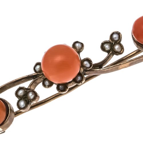 Null Coral bead brooch metal gold plated, with 3 coral beads 7 and 5,5 mm in a l&hellip;