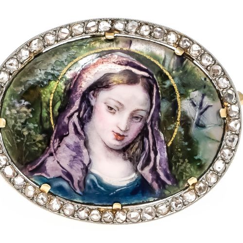 Null Enamel brooch GG/WG 750/000 unstamped, tested, with a fine miniature painti&hellip;