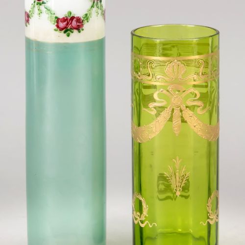 Null Two vases, early 20th century, round stand, cylindrical form, 1x green glas&hellip;