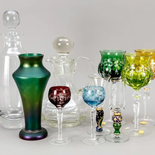 Set of ten pieces of glass, 2nd half of the 20th century, 2 carafes, vase, 3 win&hellip;