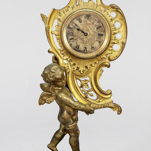 Null Table clock brass gilded, around 1890, putto on granite carries movement de&hellip;