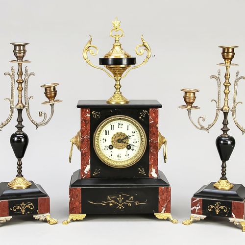 Fireplace clock set, 3 pieces, end of 19th century, reddish brown/black marble w&hellip;
