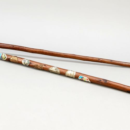 2根手杖，德国，20世纪，木制，每根都有金属牌，长至86厘米