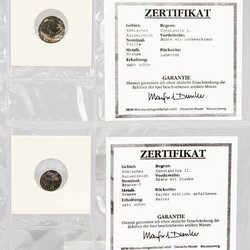Null 收藏有古罗马硬币，约70件。在一个标有 "罗马皇帝的硬币 "的剪贴簿和小型钱币，部分证书。相册尺寸：23 x 21 cm