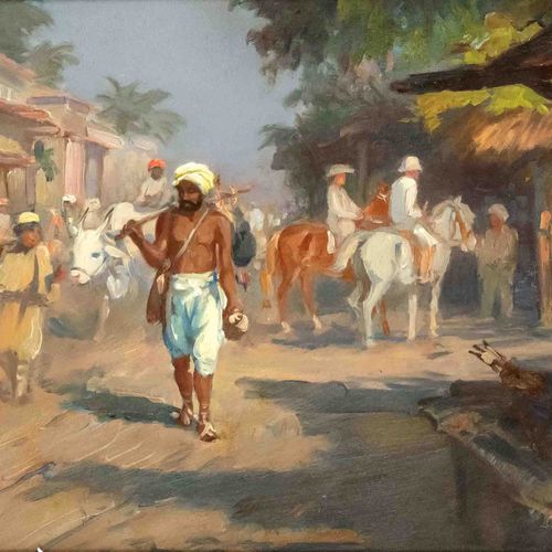 Null 不明身份的东方人，约1920年，印度繁忙的街景（？），纸板上的油画，右下角模糊地签有Poov/Popy（？），玻璃后面的框架 28 x 44 cm