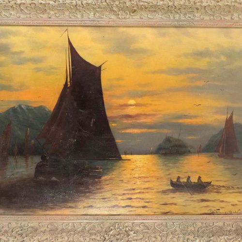 Null 罗布.Wilany-Radslieber，20世纪上半叶，日落时分海湾中的船只，纸板上的油画，右下角有签名，纸板挥舞，44 x 64厘米，框架57 x&hellip;
