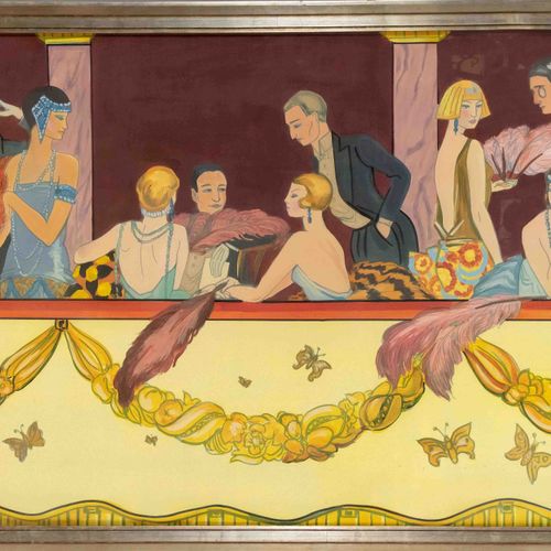 有签名的Palyi，1930年左右的装饰艺术画家，剧院盒子里的公司，纸板上的水粉画，右下角有签名和日期''Palyi (1)930，67 x 98厘米，玻璃后面&hellip;