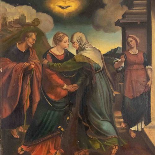 Null 20世纪初的古老大师摹本，《探视》（玛丽和伊丽莎白的会面），模仿文艺复兴时期的画作，胶合板上的油画，无签名，有储存的痕迹，74 x 61厘米
