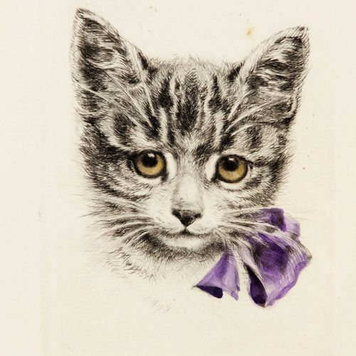 Null 海因茨-威廉-贝克尔(1929-?)，躺着的猫，木板油画，右下角签名，17 x 24厘米，装框27 x 34厘米，附赠瑙曼的猫的肖像蚀刻画，玻璃后面装&hellip;