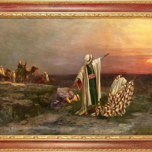 Null 签名：Merner,19世纪，日落时分祈祷的游牧民族，可能是东方学家Adolf Schreyer（1828-1899）的画作的副本，布面油画，右下角有&hellip;