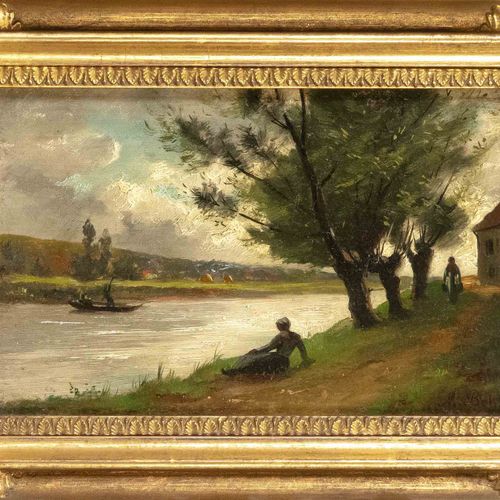 Null Martinus Boks (1849-1885)，荷兰运河边的风景，有工作人员的身影，木板上的油画，右下角有签名，13 x 19厘米，有框架的20 &hellip;