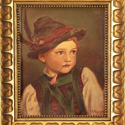 Null K.艾格纳，德国南部画家，约1930年，带羽毛帽的巴伐利亚男孩，纸板上的油画，右下方有签名和日期（19）32，19 x 15厘米，有框架的25 x 2&hellip;