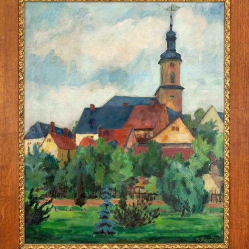 Null Hans Jüchser (1894-1977) (attrib.), Pausa的St. Michaelis教堂，布面油画，右下角签有 "H. Jü&hellip;