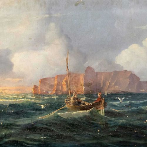 Null P.Schmidt-Danzig，德国海洋画家，约1900年，赫尔戈兰岛附近的小渔船与驱逐舰在傍晚时分，布面油画，右下方有签名，日期为1907年，有修&hellip;
