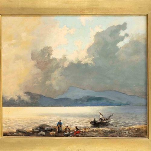 Null 埃里希-德米恩（1911-1997），哈维兰斯-马尔科洛尼的风景画家。马焦雷湖岸边的渔民，纸板上的油画，右下角有签名和题字，39 x 47厘米，框架4&hellip;