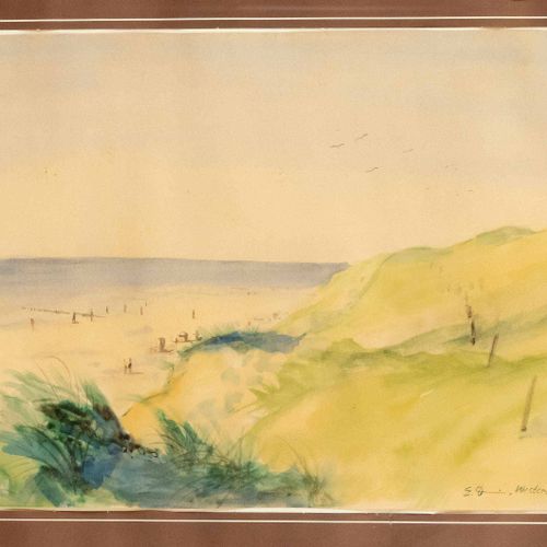 Null 埃里希-德米恩（1911-1997），哈维兰斯-马尔科洛尼的风景画家。西尔特岛韦斯特兰附近的海滩聚会，纸上水彩，右下角有签名和题字，有些变色，29 x&hellip;
