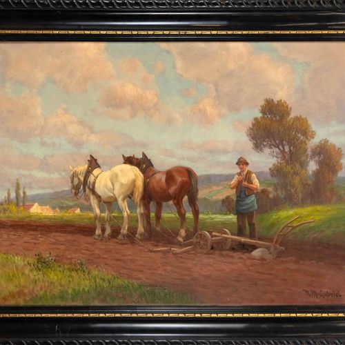 Null H.M. Gabriel，20世纪上半叶，休息中的耕作农民，布面油画，右下角签名，60 x 80厘米，有框架的77 x 97厘米