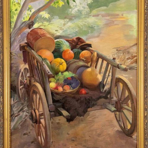 Null Peintre russe du début du 20ème siècle, chariot avec fruits récoltés, huile&hellip;