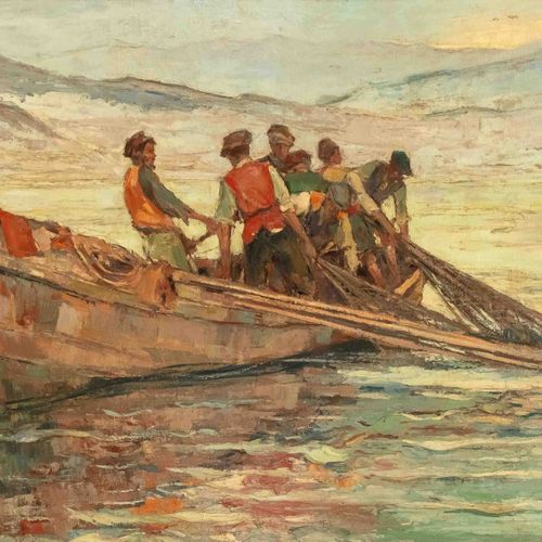Null 20世纪上半叶未确定的画家，大型海景画，有渔民在拉网，布面油画，右下角有不清楚的签名，有小裂纹，103 x 145厘米