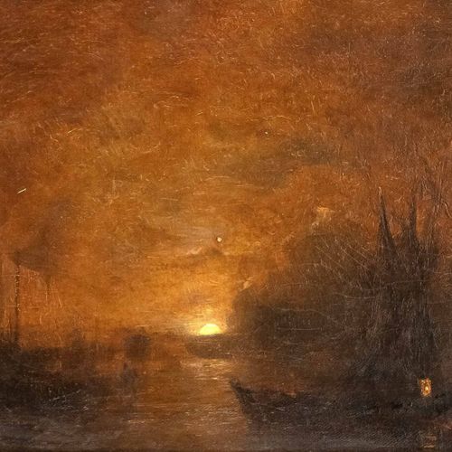 Null 19世纪的无名画家，海港夜景与帆船，布面油画，无签名，30 x 41厘米，装裱后37 x 49厘米