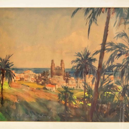 Null 不明身份的画家，20世纪中期，大加那利岛拉斯帕尔马斯大教堂的景色，纸上水彩画，左下角不清楚地签有A.刻字，已变色，34 x 44厘米，玻璃后有框架A.&hellip;