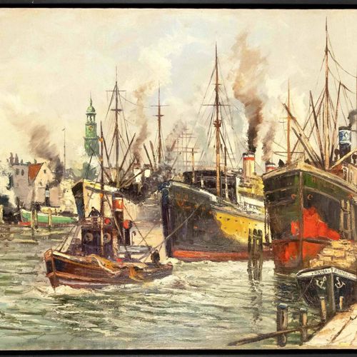 Null Julius Köhrer (1897-?), pittore di Monaco. Porto di Amburgo, olio su tela, &hellip;