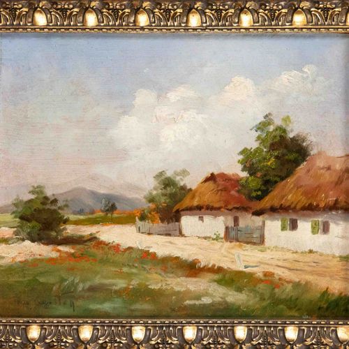 Null 有签名的Agoston，可能是20世纪上半叶的匈牙利风景画家，一对村庄景色，纸板上的油画，不清楚的签名，21 x 26厘米，有框架的25 x 30厘米
