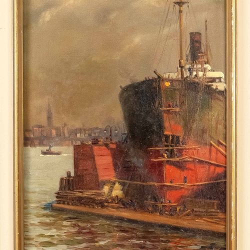 Null 马克斯-盖尔森（1881-1960），《汉堡港风景对》，布面油画，每幅画都有右下角和左下角的签名，44 x 30厘米，有框架的52 x 37厘米