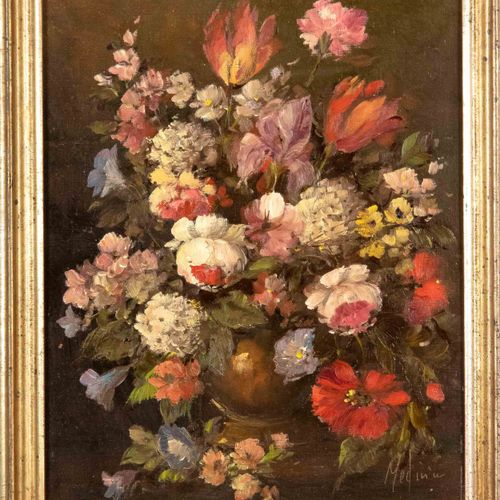 Null 路易莎-梅迪纳(1911-?)，在帕多瓦，生于意大利。艺术家，最后活跃于柏林- 花卉静物，木板油画，右下方签名，29 x 24厘米，35 x 28厘米