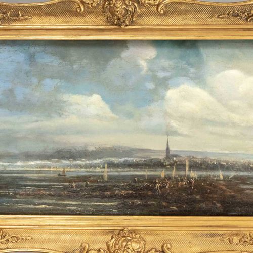 Null Hermann Krämer (1808-1886) (attrib), 湖岸边有许多人物和船帆，以及背景中的村庄剪影，木板油画，背面有签名和日期 "&hellip;