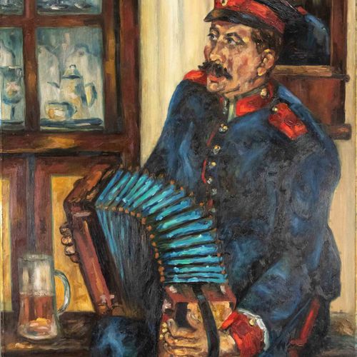 Null Unidentified painter mid-20th century, Russian soldier playing accordion, o&hellip;