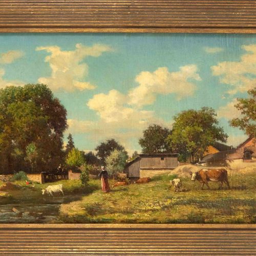 Null H.Chapuis，法国画家，19世纪下半叶，乡村夏季田园风光，有牛和工作人员的身影，布面油画，右下角有签名 "1870 H. Chapuis"，有装&hellip;